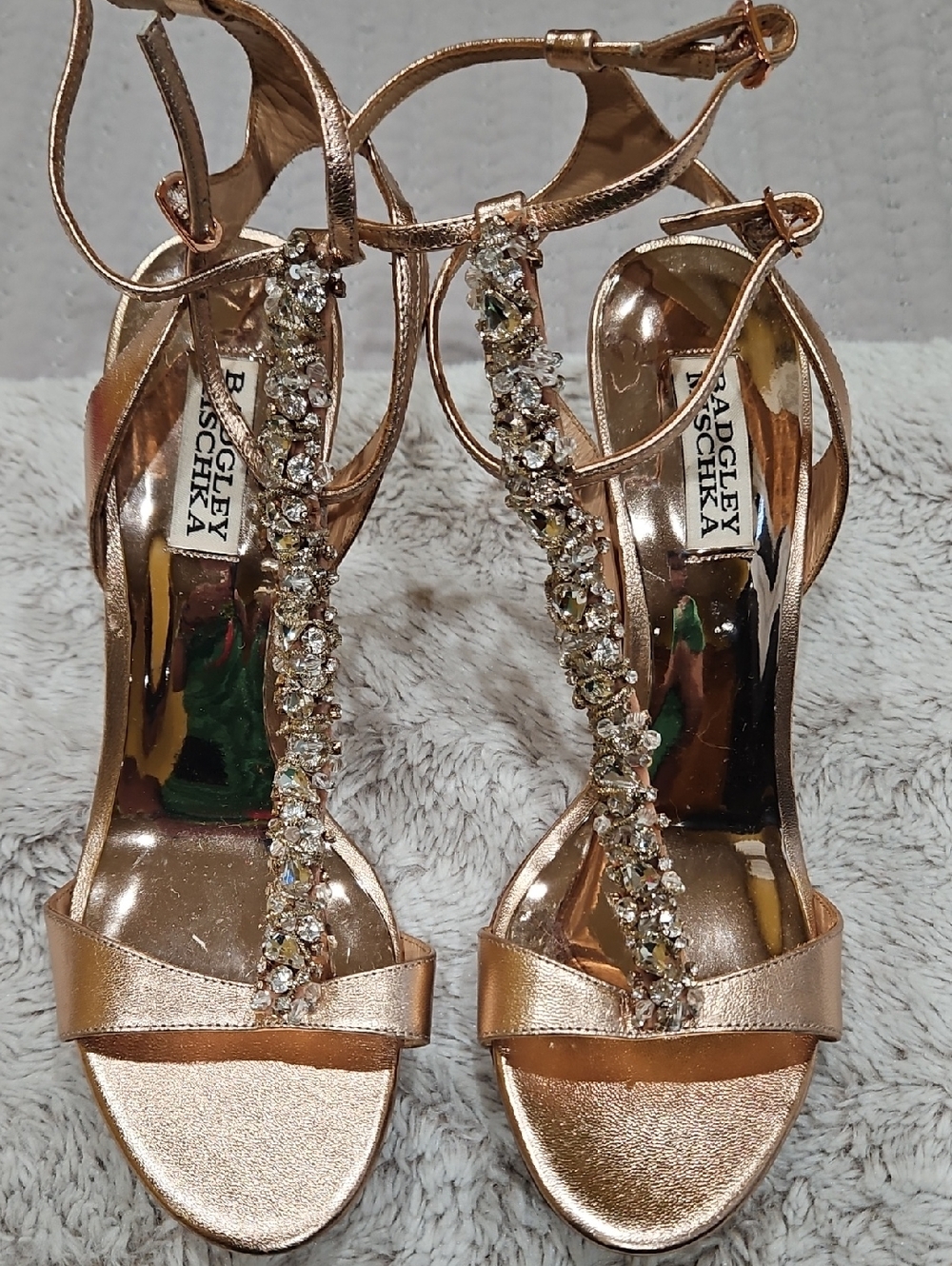 Badgley Mischka Rose Gold Crystal T-Strap Heels
